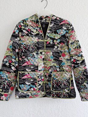 ANNE CARSON Women's L Quilted Silk Jacket Floral Colorful Asian Style Boho